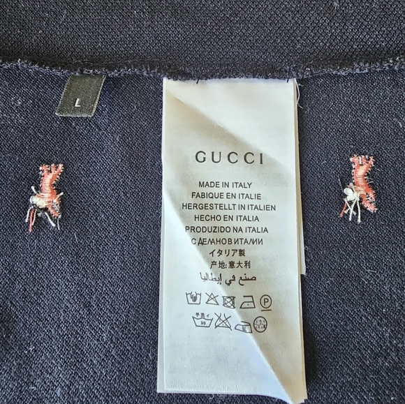 Gucci Dark Blue Polo Embroidered Shirt, Short Sleeves Red Green Striped Collar.L - Picture 8 of 11